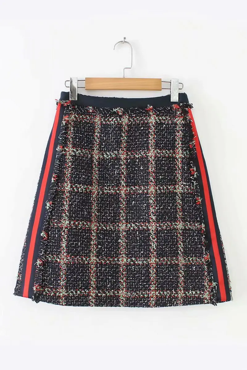 

2018 Autumn And Winter New Style Western Style Tweed Plaid Contrast Color Webbing a Version Skirt