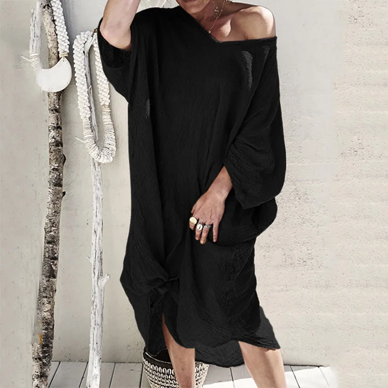 Черный ZANZEA плюс размер женское сексуальное платье с v-образным вырезом женское повседневное свободное платье до колена Vestidos дамское хлопковое летнее платье длинное платье-рубашка - Цвет: Черный