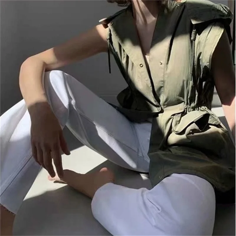 

MESTTRAF ladies 2020 fashion hooded vest with pockets slim waist sleeveless women's vest jacket streetwear