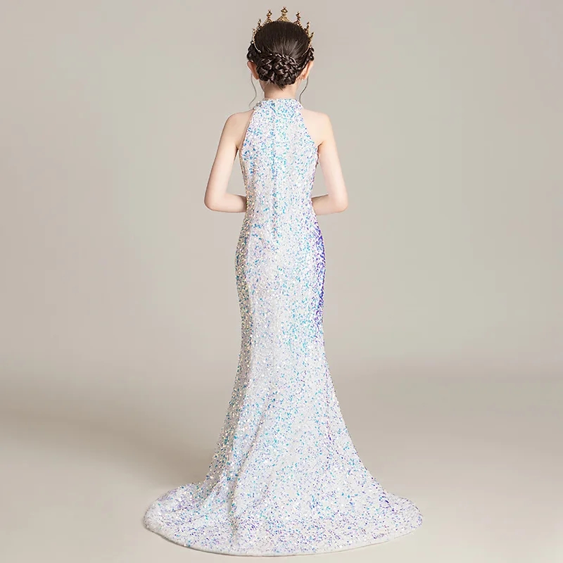 Evening Dress for Girls Kids Elegant Gowns Teen Birthday Party Dresses Sexy Multicolor Sequins Graduation Performance Tail Dress