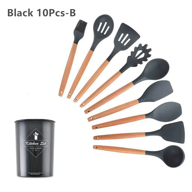 Black 10Pcs-B 9/10/12 шт. силиконовых кейсов Пособия по кулинарии набор посуды с антипригарным покрытием шпатель лопата с деревянной ручкой Пособия по кулинарии Набор инструментов с ящиком для хранения Кухня инструменты - Цвет: Black 10Pcs-B