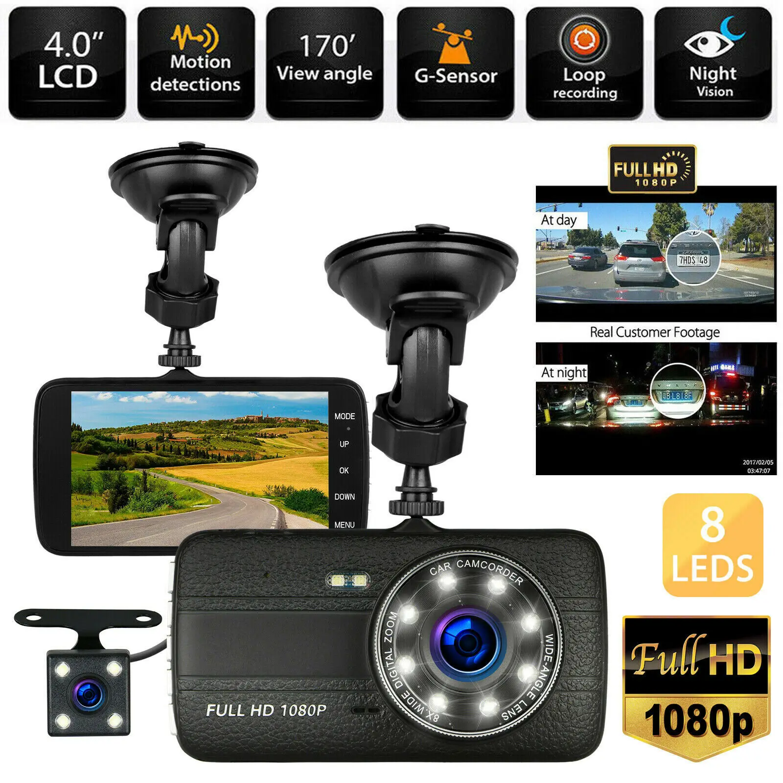 

4" 1080P Dual Lens Car Dashboard DVR Video Recorder Dash Cam with 8LED Infrared Night Version G-sensor Rearview camera Car DVRs