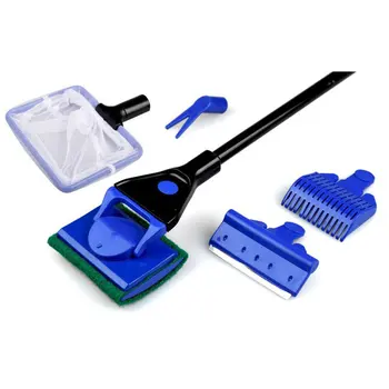 

5 In 1 Aquarium Tank Cleaner Set Fish Net Gravel Rake Algae Scraper Grass Fork Sponge Brush Glass Fish Tank Cleaning Tools