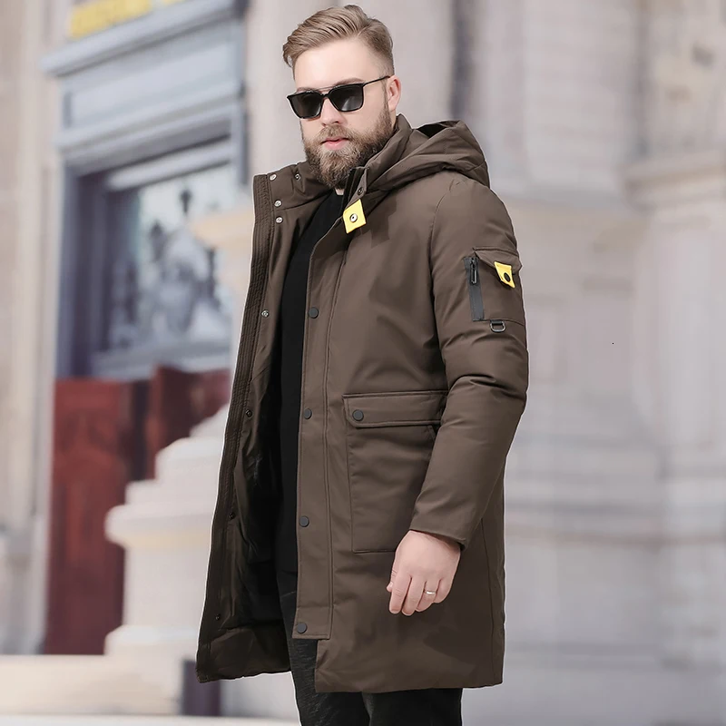 Khaki Большой размер 10XL 8XL мужская зимняя куртка Россия длинное пальто шапка меховой воротник Толстая ветрозащитная 90% белая куртка на утином пуху Мужская-25 градусов - Цвет: Khaki