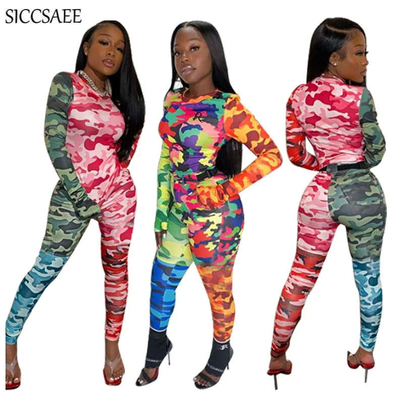 

Colorful Camouflage Printed Two Piece Set Contrast Color Activewear Sexy Casual Outfits For Women Clothing Sweat Suit Pants 2020