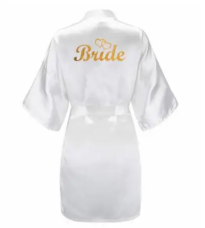3pc set of glitter gold bride satin short bride robe slippers bridal sash peignoir women Bridal Party kimono robe