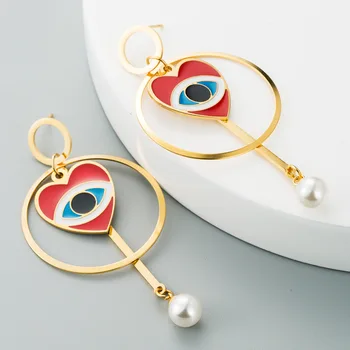 

Ladies Fashion Street Style Eye Print Heart Circle Geometric Gold Statement Earring Boho Stainless Steel Drop Earrings For Party
