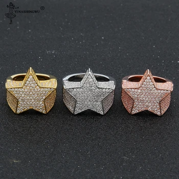

Fashion Star Rings Gold Silver Color Full Iced Cubic Zirconia Hiphop Ring Jewelry For Men And Women 7-12 Size Ring Bague Homme