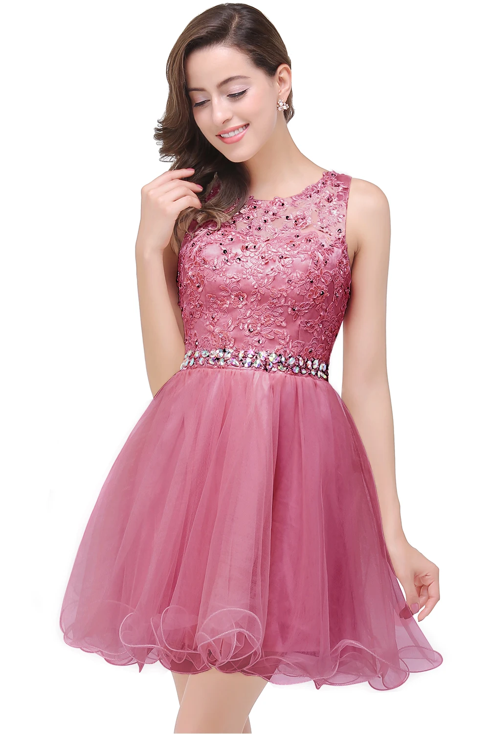 Новинка, распродажа, короткие платья для выпускного вечера, Vestidos De Festa, кружевное платье с аппликацией, а-силуэт, вечерние платья для особых случаев - Цвет: Pearl Pink