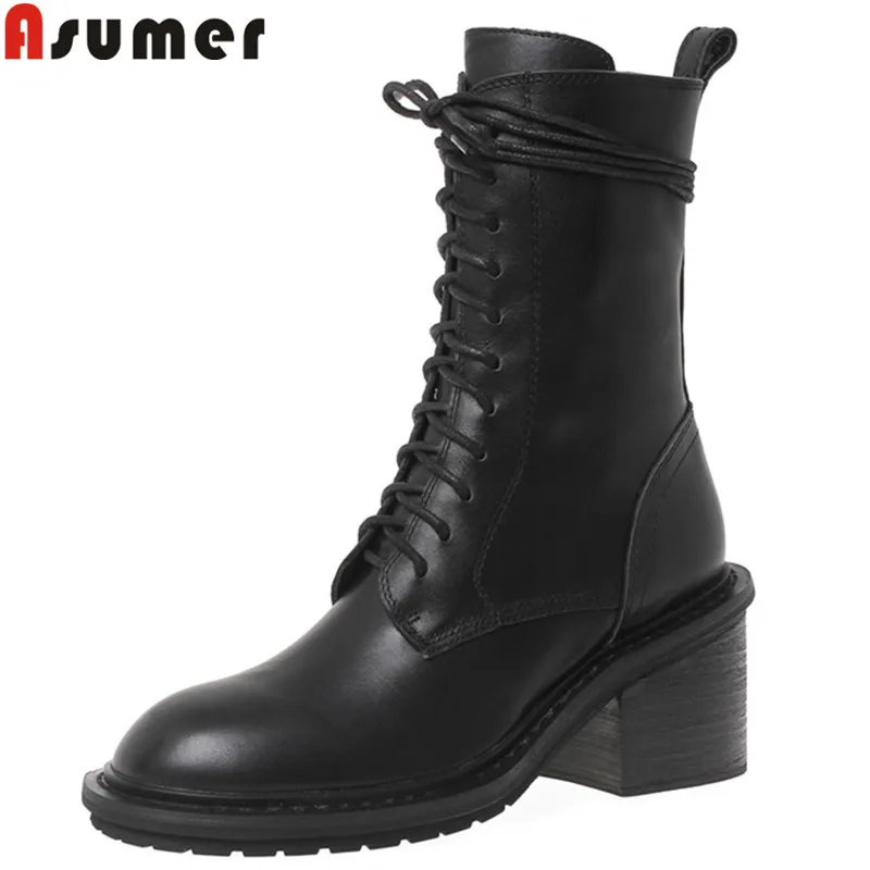 ASUMER/Новинка года; ботинки из натуральной кожи; ботильоны на шнуровке с круглым носком; женские мотоциклетные ботинки на высоком квадратном каблуке; сезон осень-зима
