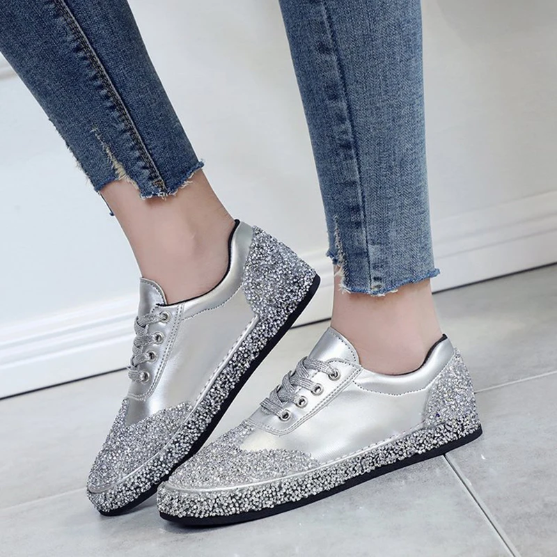 

Rimocy Leather Patchwork Flats Women Silver Crystal Shoes 2020 Spring Rhinestone Flat Heels Casual Shoes Woman Platform Sneakers