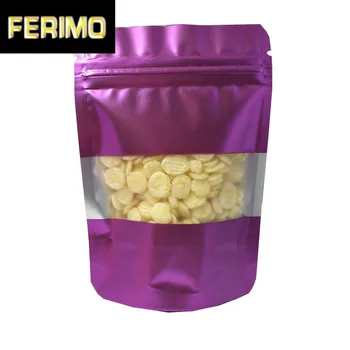 

100Pcs/lot Matte Purple Stand Up Aluminum Foil Snack Zip Lock Packaging Bag with Window Dry Flower Tea Mylar Foil Storage Bags