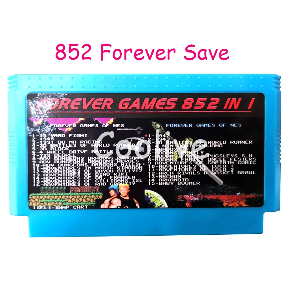 Save 852 in 1 60 Pin Cartridge for 8 Bit Video Game Console with Contra 1942