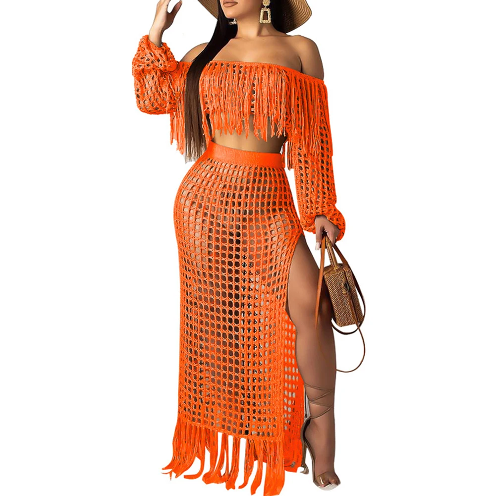 Оранжевый 2 шт./компл. летнее платье-сарафан пляжная одежда Для женщин топ, комплект с платьем, стильная женская обувь с длинным рукавом Ленточки Slash шеи трикотажные комплекты - Цвет: Оранжевый