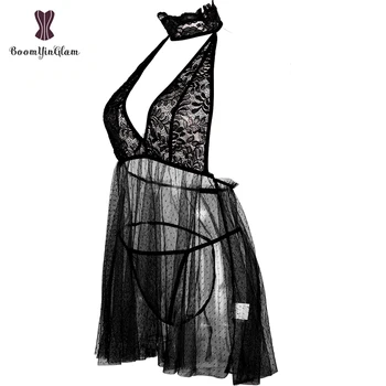 

Transparent Erotic Costumes Night Wear Halter Neck Women Underwear Floral Lace Top With Thong Sexy Lingerie Set 1021#