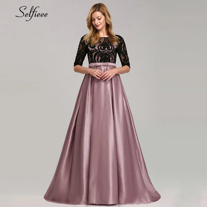 Elegant Dresses A-Line O-Neck Empire Bow Lace Contrast Color Sexy Woman's Dresses Evening Formal Party Gowns Robe ete Femme