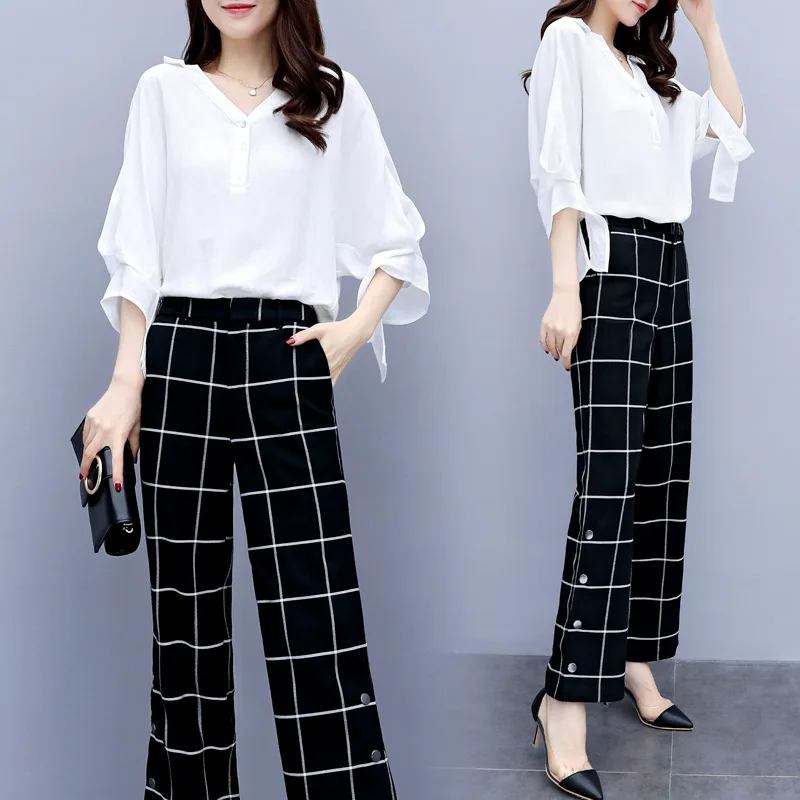 

Spring New Style V-neck Lace-up Loose-Fit Chiffon Shirt + Retro Pattern Snap Closure Slit Casual Pants Women's