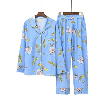

2020 Spring Pajamas Women'S 100% Cotton Cartoon Angel Piggy Lapel Student Long-Sleeved Home Service Sleepwear Set Nighties