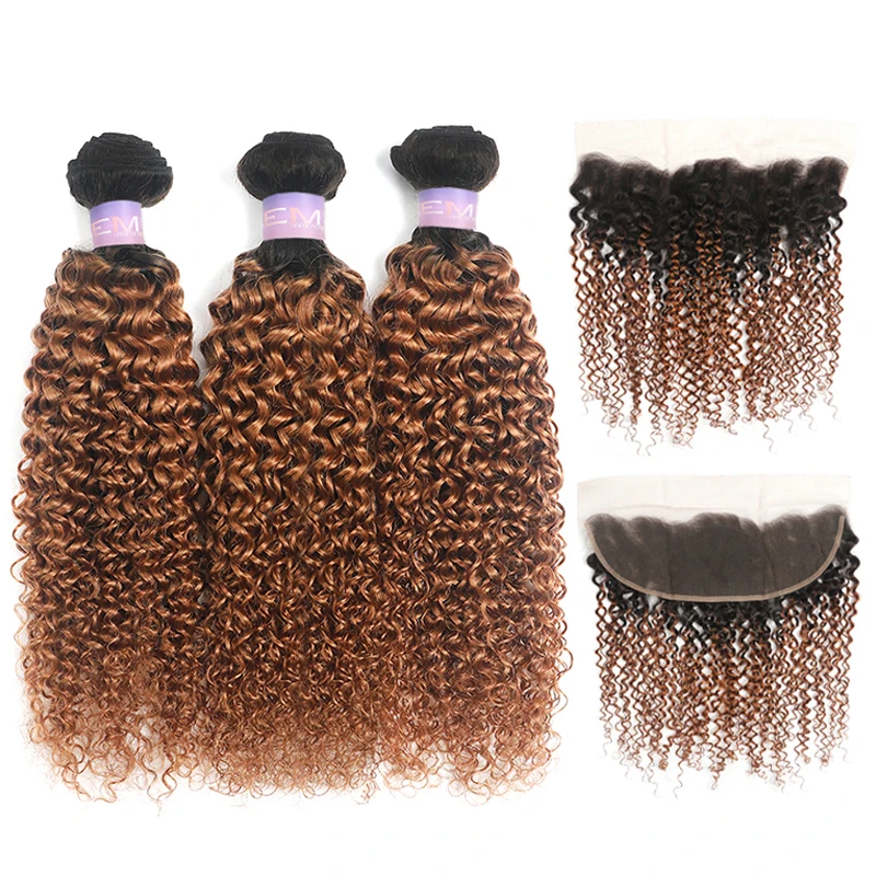 Бразильские коричневые кудрявые пряди волос с фронтальной 13x4 KEMY Hair T1B/30 натуральные кудрявые пучки волос с закрытием не Реми волос - Цвет: T1B-30