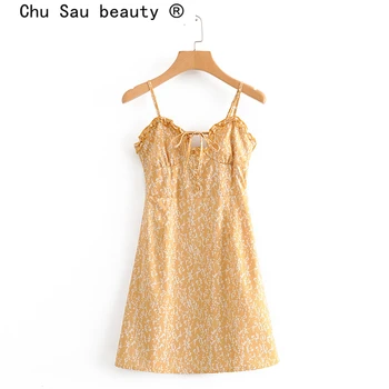 

Chu Sau beauty New Fashion Blogger Chic Vintage Floral Print Sling Dress Women Casual Backless Bow Tie Mini Dresses Female