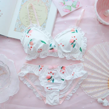 

Japanese girls milk silk padded bra sets women sexy peach print cute lingerie wirefree female intimate underwear home wear bra