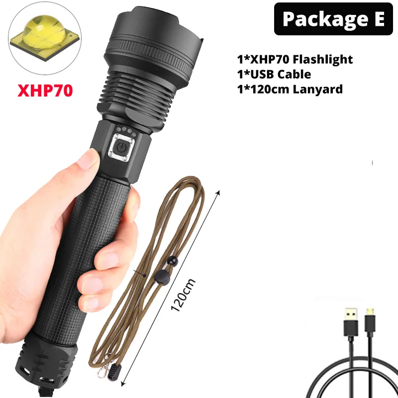 Package E-XHP70 Мощный светодиодный светильник-вспышка XHP90, перезаряжаемый через USB, XHP70.2, тактический фонарь, водонепроницаемый, с увеличением, охотничий светильник, Use18650 или 26650 Battey - Испускаемый цвет: Package E-XHP70