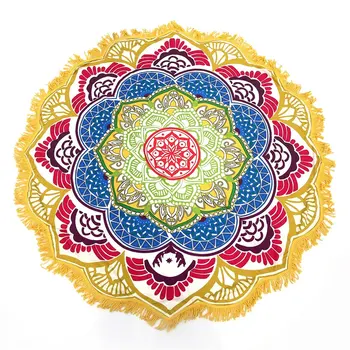 

New Round Beach Towel Tapestry Tassel Decor With Small Balls Flowers Pattern 147*147CM Circular Tablecloth Yoga Picnic Mat