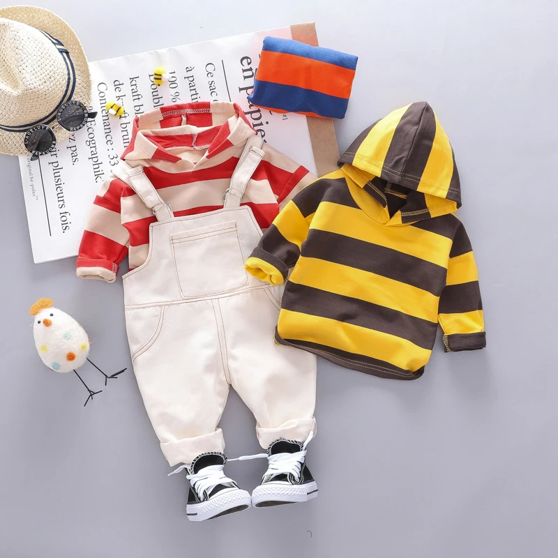 

Autumn Baby Boy Girl Clothes 0-3T Striped Pattern Children's Set New Long-sleeved Hoodie Solid Bib Overalls Children's Suit #14