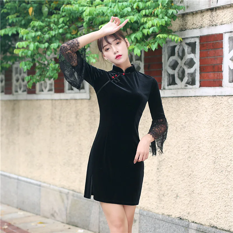 

Autumn New Sexy Women Black Velvet Long Sleeve Stand Collar Dresses Fashion Slim Mesh Solid Color Female Daily Short Cheongsam