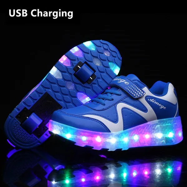 Ws01 Blue Eur28-43 кроссовки с двумя колесами и зарядкой от usb, светящийся светодиодный светильник, обувь для роликовых коньков, обувь для мальчиков и девочек - Цвет: Ws01 Blue