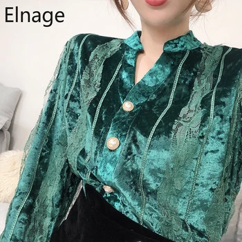 

Elnage Lace Gold Velvet Blouses Women 2020 New Spring Autumn Clothes Solid Slim V Neck Long Sleeve Shirts Vintage Blusas 5A386