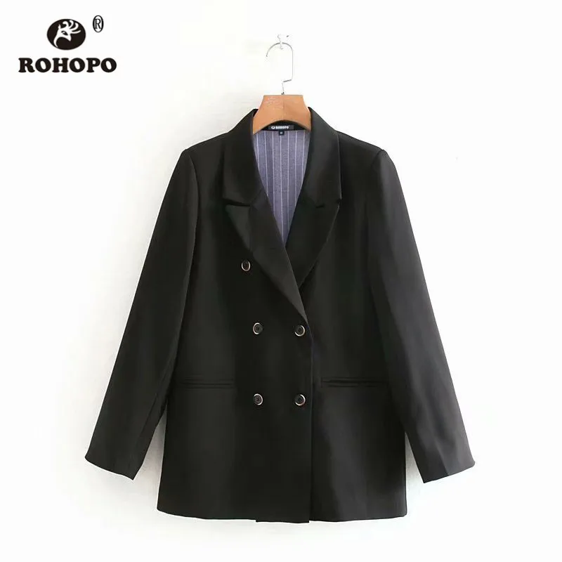 

ROHOPO Button Fly Double Breast Black Blazer Notched Office Ladies Solid Casual Chic Outwear #1015