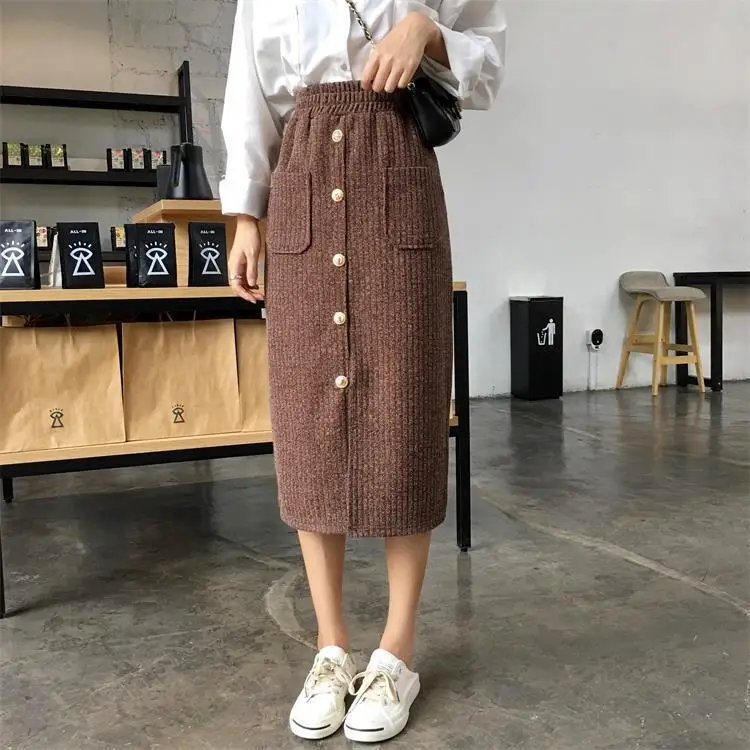 

Autumn Clothing Women's 2018 New Style Korean-style Versatile High-waisted Slit Slimming Slip Buckle Elastic Waist Mid-length Ha