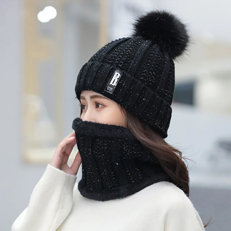 Intimate Design Women Winter Beanie PomPom Hat Thick Warm Soft Neck Warmer Knit Balaclava Soft Fabric Not Easy To Pilling
