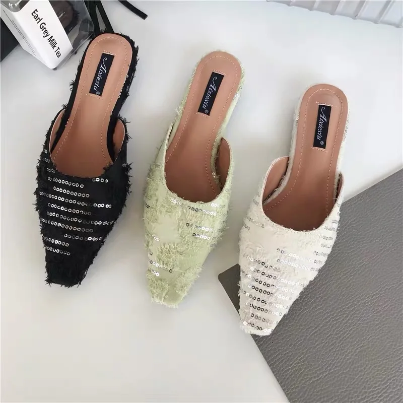 

2020 New Slippers For Women Fashion Wild Bling Sequin Square Toe Flats Slippers Outside Cover Toe Flats Slippers Bling Flip Flop