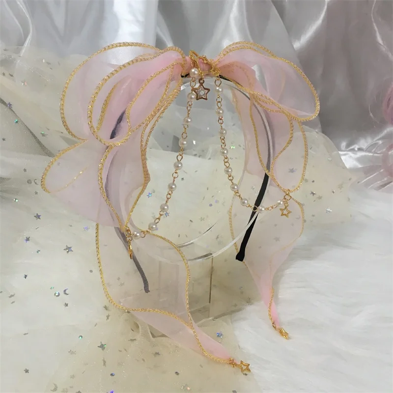 Light Pink Мягкие волосы сестры Лолита KC Лолита головной убор двойной слой бант японский шарик цепь обруч для волос Фея Украшения для волос на каждый день - Цвет: Light Pink