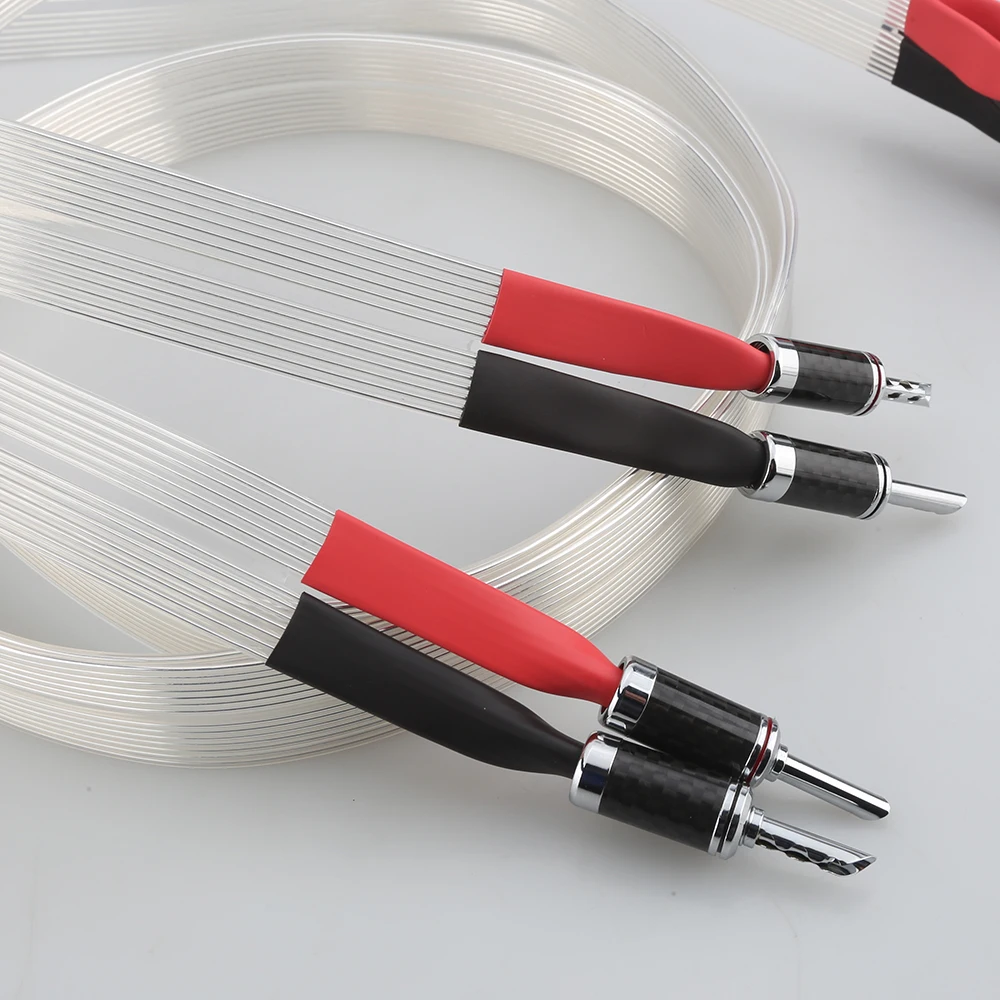 Pair High quality hifi ribbon audio speaker Cable wire OCC Silver Plated Hi-end Loudspeaker cable with Carbon Fiber Banana Plug