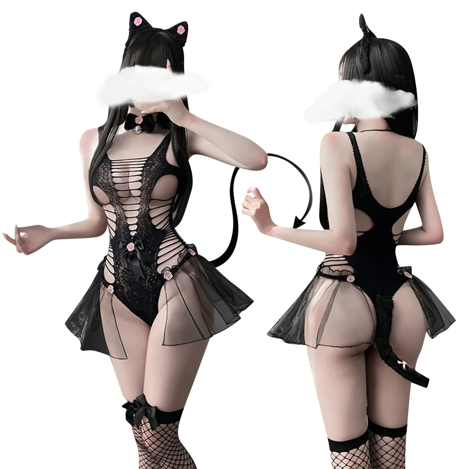 Sexy Cat Uniform Erotic Outfit for Woman Wrapped Chest Mesh Bow Girl Sexy Love Cosplay Costumes Lace Up Cat Cow Nightclub #F