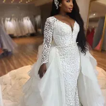 Роскошные Африканские свадебные платья русалки с длинным рукавом V шеи бисером кружева Съемный Поезд подвенечные Свадебные платья для невесты