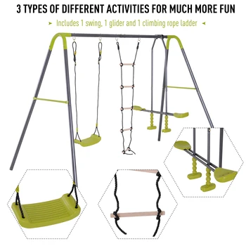 3 in 1 Kids Swing Set Double Face to Face Swing Chair Glider Set Climbing Ladder A-Frame Heavy Duty Metal for Outdoor Playground 4
