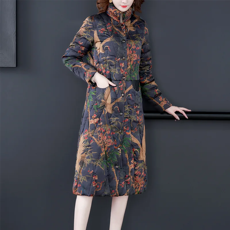 

2019 Winter Style Loose And Plus-sized Stand Collar plus Velvet Cotton-padded Clothes Women's Middle-aged yin hua jia Cotton Jac