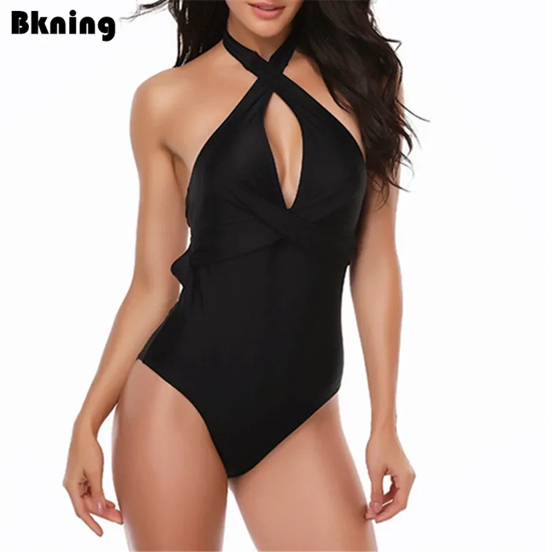 

Bkning Black Cross Swimsuit One Piece Swimming Suits for Women Solid Deep V Bandage Swim Suit with Pads Backless Large Size XXL
