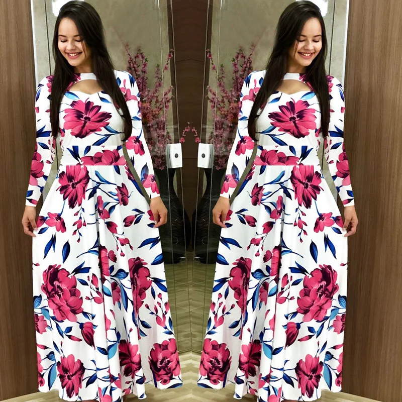 Flower Print Winter Dress Woman Casual Bohemia Long Sleeve Dresses For Women Elegant Plus Size Maxi Vestidos Autumn Dress 2020