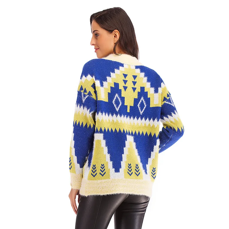 Regular Loose Women's Casual Sweater Pullover New Winter Knitted Base Sweater Fashion Printed V Neck Long Sleeves Loose Sweater Regular Loose Women's Casual Sweater Pullover New Winter Knitted Base Sweater Fashion Printed V Neck Long Sleeves Loose Sweater