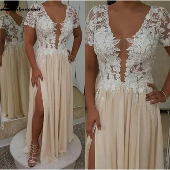 

V Neck Floor Length Chiffon Summer Wedding Dresses A Line Applique Split Short Sleeves Beach Wedding Gowns