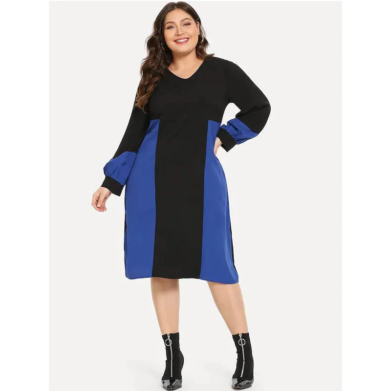 

Large size Woman Chiffon Stitching Dress 4XL 5XL Large Size Lantern Sleeve Patchwork Dress loose dress Autumn female Vestido