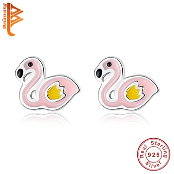 

2019 New Solid 925 Sterling Silver Earrings for Kids Women Pink Flamingo Lovely Animal Stud Earrings Christmas Jewelry Gift