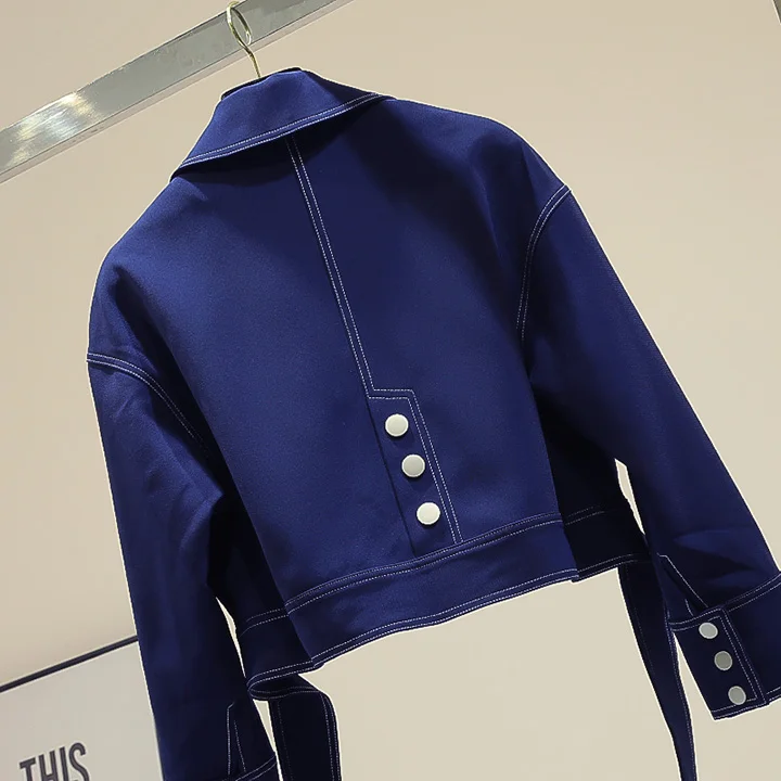 Маленькое Женское пальто, осень, новинка, корейское, свободное, короткое, Ретро стиль, высокая талия, куртка, синее, Jaqueta, Женское пальто и куртки для женщин