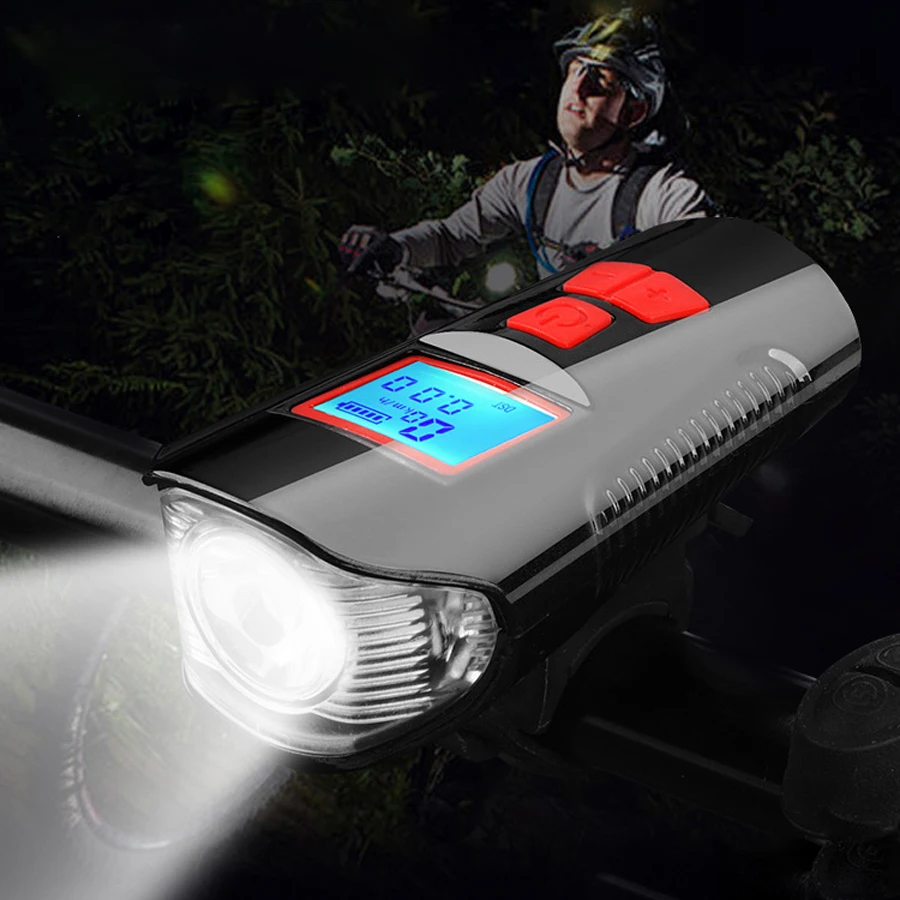 

Waterproof Bike Light USB Charging Bicycle Front Light Flashlight Handlebar Cycling Head Light w/ Horn Speed Meter LCD Screen