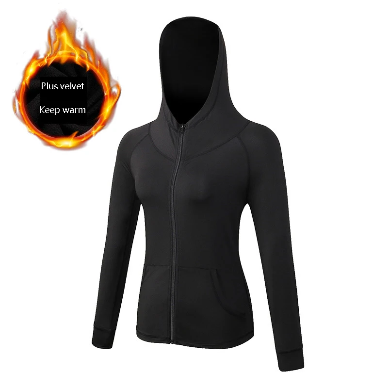 Новое поступление Женская куртка с капюшоном Спортивная ветровка Спортивная одежда на молнии дышащая Спортивная Толстовка для йоги - Цвет: black Plus velvet